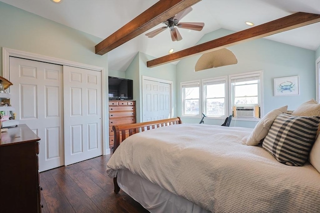 bedroom featuring recessed lighting, dark wood-style flooring, vaulted ceiling with beams, and multiple closets