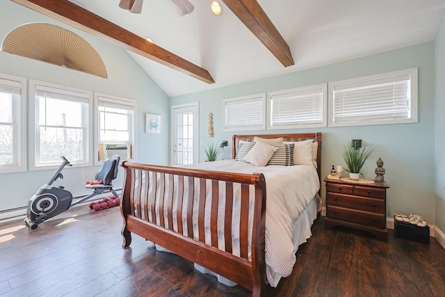 bedroom with a ceiling fan, baseboard heating, vaulted ceiling with beams, and wood finished floors