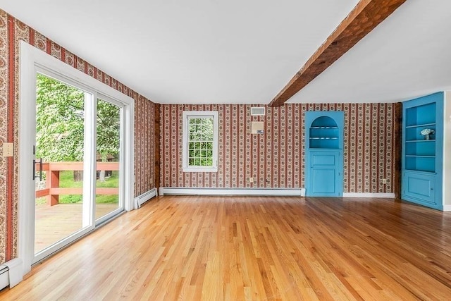 57 Rudon Dr, North Attleboro, MA 02760 - unfurnished living room featuring wallpapered walls, wood finished floors, a baseboard radiator, beam ceiling, and a baseboard heating unit