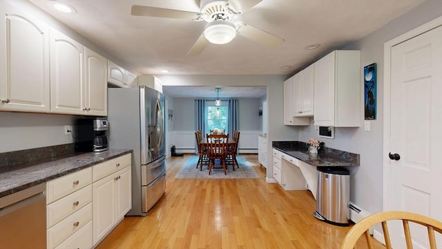 1000 Forest St, North Andover, MA 01845 - kitchen featuring ceiling fan, light wood finished floors, stainless steel fridge with ice dispenser, a baseboard heating unit, and recessed lighting