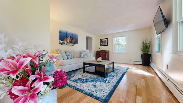 1000 Forest St, North Andover, MA 01845 - living room with a baseboard heating unit, wood finished floors, and baseboards