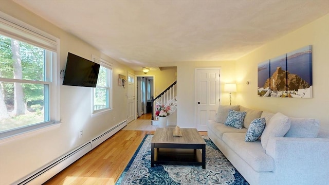 1000 Forest St, North Andover, MA 01845 - living area featuring a baseboard heating unit, stairs, and light wood-style floors