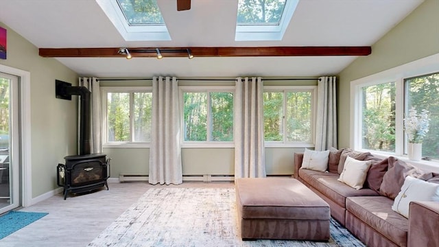 1000 Forest St, North Andover, MA 01845 - living area with a skylight, wood finished floors, a wood stove, and baseboards