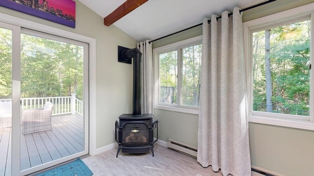 1000 Forest St, North Andover, MA 01845 - doorway to outside with a wood stove, plenty of natural light, wood finished floors, and baseboard heating