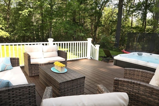 1000 Forest St, North Andover, MA 01845 - wooden terrace with a hot tub, an outdoor living space, and a lawn