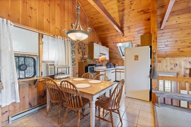 dining space with light tile patterned floors, lofted ceiling with beams, wood ceiling, baseboard heating, and wood walls