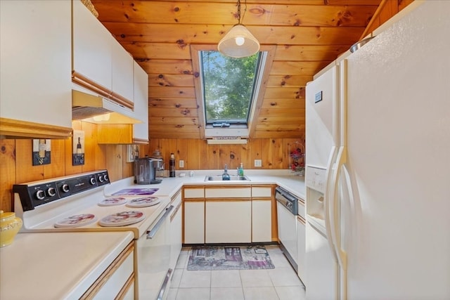 kitchen featuring white appliances, wooden ceiling, hanging light fixtures, white cabinetry, and light tile patterned flooring