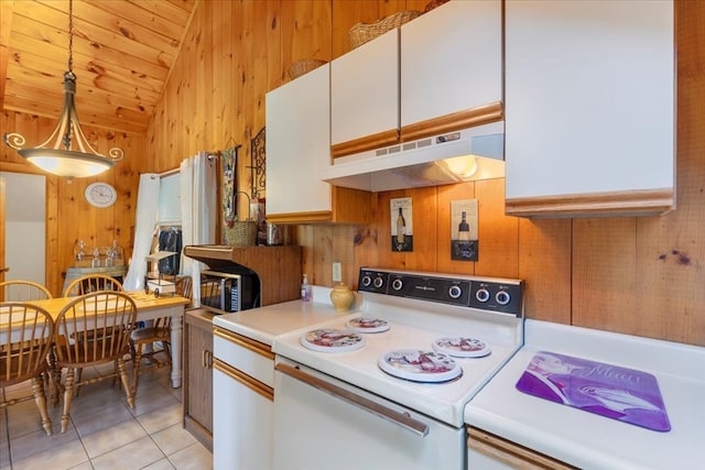 kitchen with decorative light fixtures, light tile patterned floors, white cabinetry, lofted ceiling, and white range with electric cooktop