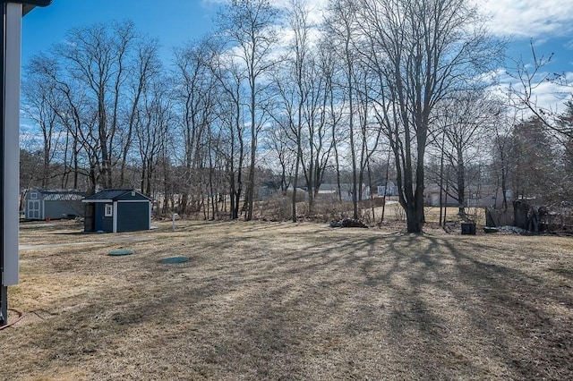 view of yard featuring an outdoor structure and a shed