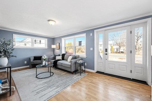 living area with light wood finished floors, plenty of natural light, and ornamental molding