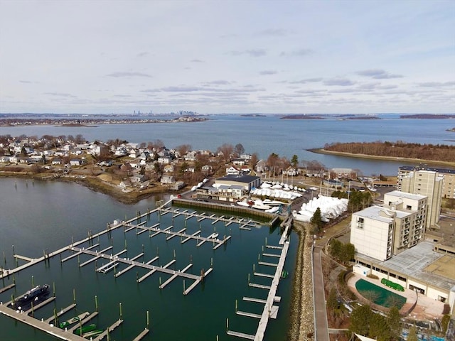 drone / aerial view with a water view