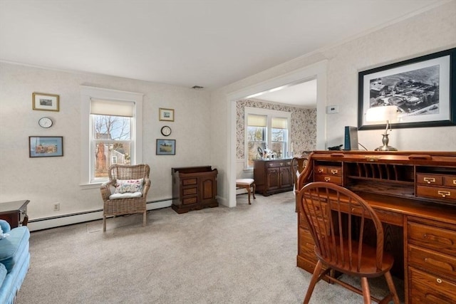 carpeted office featuring baseboard heating