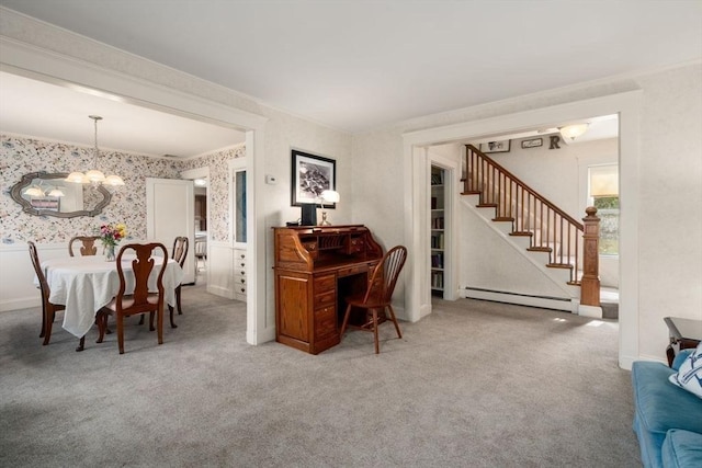 interior space featuring stairs, carpet flooring, a chandelier, wallpapered walls, and a baseboard radiator