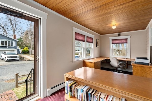 office space with wood ceiling, crown molding, and a baseboard heating unit