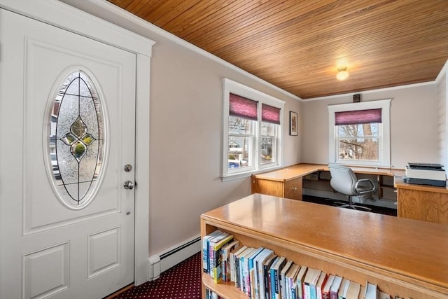 entryway with baseboard heating, wood ceiling, and ornamental molding