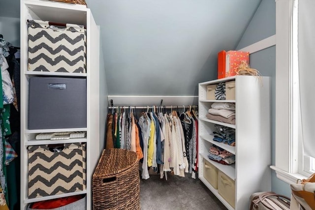 spacious closet with lofted ceiling and carpet