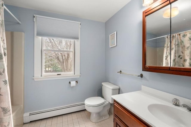 bathroom featuring tile patterned floors, toilet, vanity, a baseboard radiator, and shower / bath combo with shower curtain