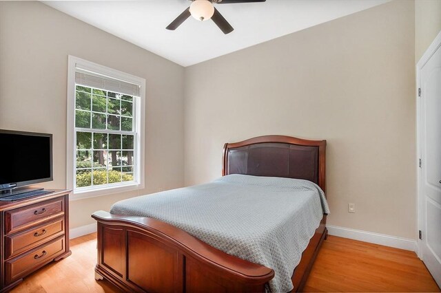 bedroom featuring light wood-type flooring and ceiling fan