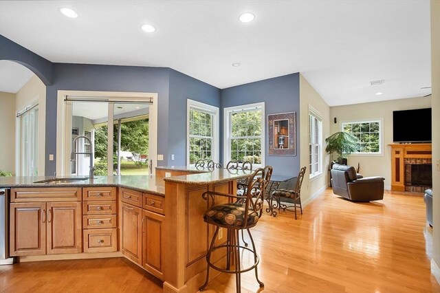 kitchen featuring a healthy amount of sunlight, a fireplace, sink, and light hardwood / wood-style floors