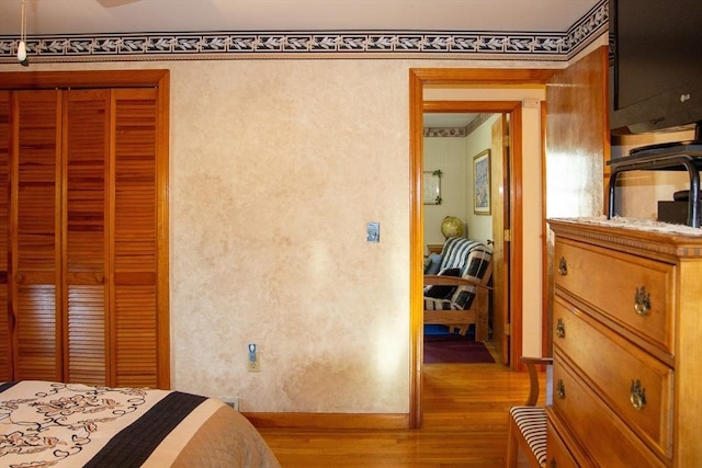 bedroom featuring wood-type flooring and a closet