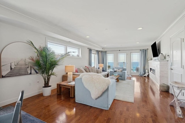 21 Atlantic Ave Unit 6, Salisbury, MA 01952 - living room with healthy amount of natural light, wood finished floors, ornamental molding, a glass covered fireplace, and recessed lighting