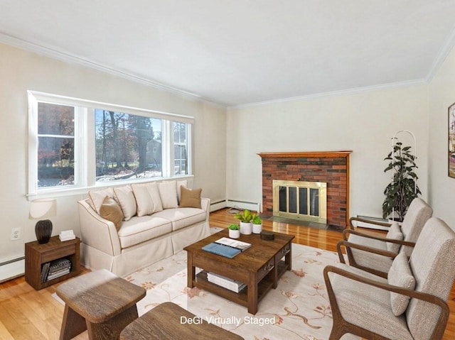 living room featuring a brick fireplace, a baseboard radiator, light hardwood / wood-style flooring, and ornamental molding