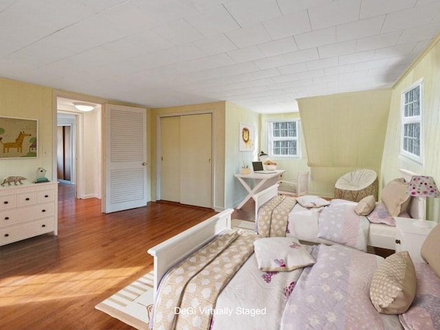 bedroom with hardwood / wood-style flooring and a closet