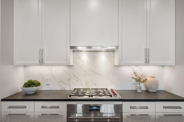 100 Linden St Unit 102, Wellesley, MA 02482 - kitchen with appliances with stainless steel finishes, under cabinet range hood, white cabinetry, and dark countertops