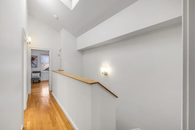 hallway featuring lofted ceiling and wood-type flooring