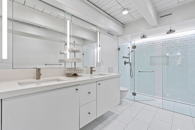 bathroom featuring toilet, a shower with door, vanity, wooden ceiling, and beam ceiling