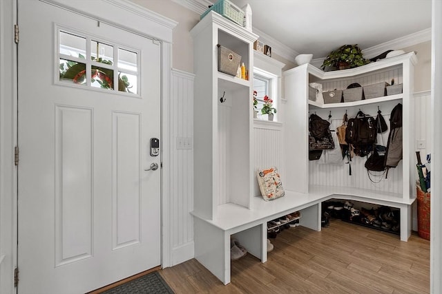 mudroom featuring ornamental molding, light wood-style flooring, and a healthy amount of sunlight