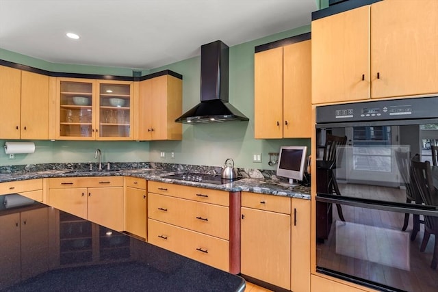 7 Penhollow Ln, Hampton Falls, NH 03844 - kitchen with wall chimney exhaust hood, black appliances, a sink, glass insert cabinets, and dark stone counters