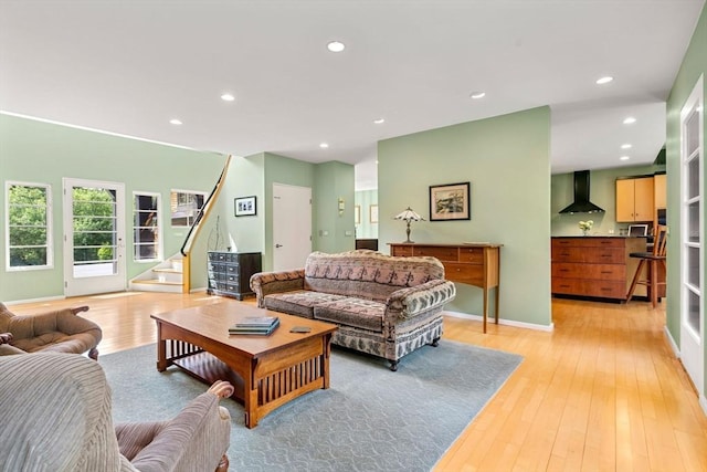 7 Penhollow Ln, Hampton Falls, NH 03844 - living room featuring stairs, light wood finished floors, and recessed lighting