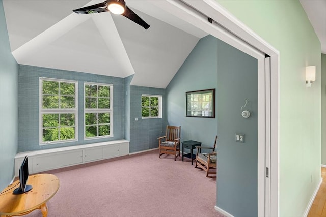 7 Penhollow Ln, Hampton Falls, NH 03844 - sitting room with a ceiling fan, baseboards, lofted ceiling, and carpet floors