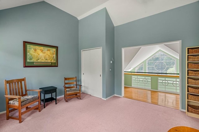 7 Penhollow Ln, Hampton Falls, NH 03844 - sitting room featuring carpet flooring, high vaulted ceiling, and baseboards