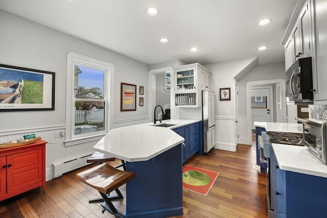 kitchen featuring a peninsula, blue cabinets, a sink, stainless steel appliances, and a baseboard radiator