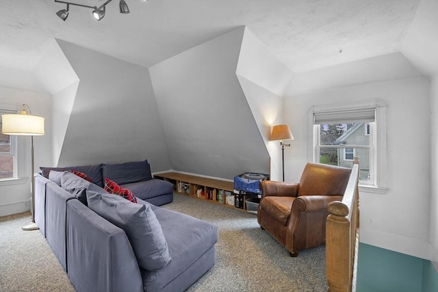 carpeted living room featuring lofted ceiling