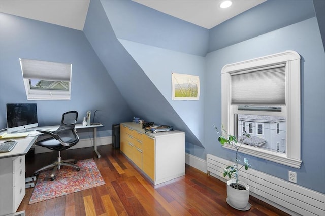 home office featuring baseboards, recessed lighting, and wood finished floors