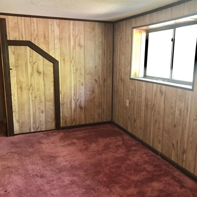 carpeted empty room with wood walls and a textured ceiling