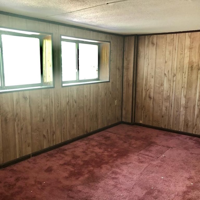 unfurnished room featuring carpet floors, wood walls, and a textured ceiling