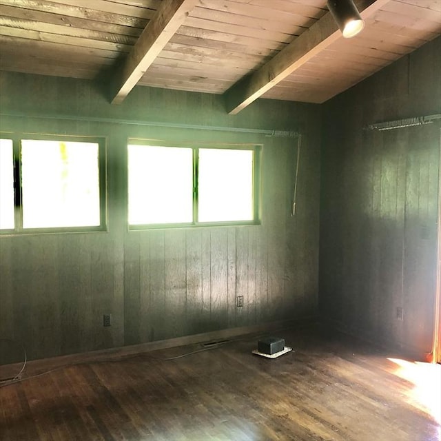 empty room with wood finished floors, beam ceiling, wood ceiling, and wooden walls