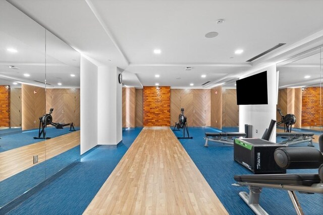 45 Temple St Unit 410, Boston, MA 02114 - exercise room featuring recessed lighting, wood walls, and visible vents