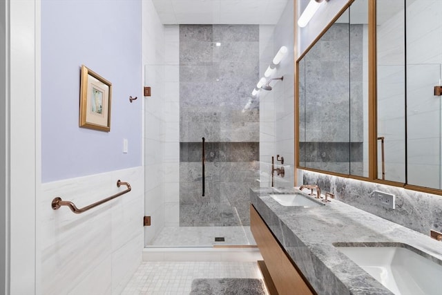 45 Temple St Unit 410, Boston, MA 02114 - bathroom with a sink, tile walls, a stall shower, and double vanity