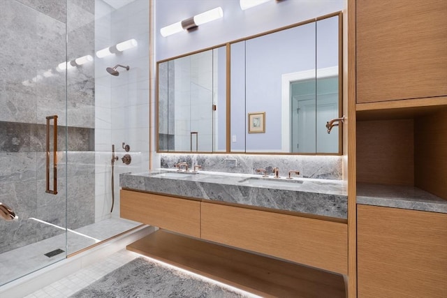 45 Temple St Unit 410, Boston, MA 02114 - full bathroom featuring double vanity, a sink, and a shower stall
