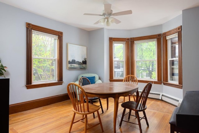 134 Brown St, Waltham, MA 02453 - dining room with healthy amount of natural light, light wood-style floors, a ceiling fan, and baseboards