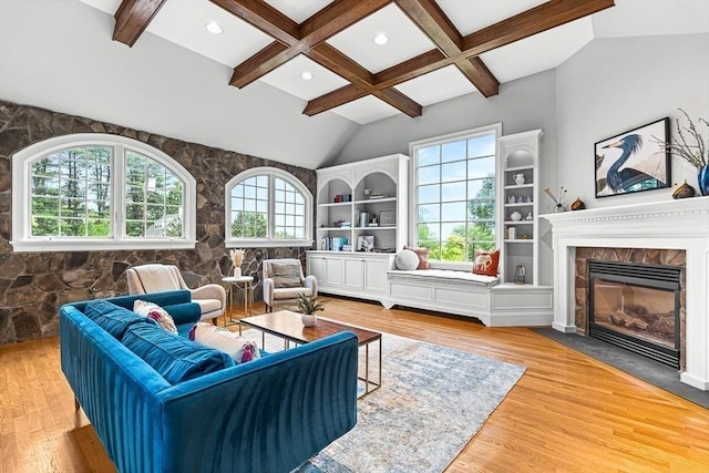 4 Worthen Rd, Winchester, MA 01890 - living room with a fireplace with flush hearth, wood finished floors, recessed lighting, and coffered ceiling