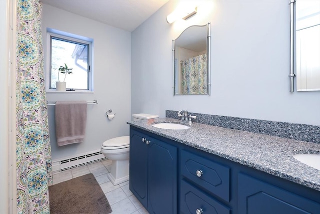 bathroom featuring vanity, a baseboard heating unit, tile patterned floors, and toilet