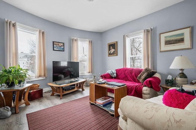 living room featuring a wealth of natural light and hardwood / wood-style flooring