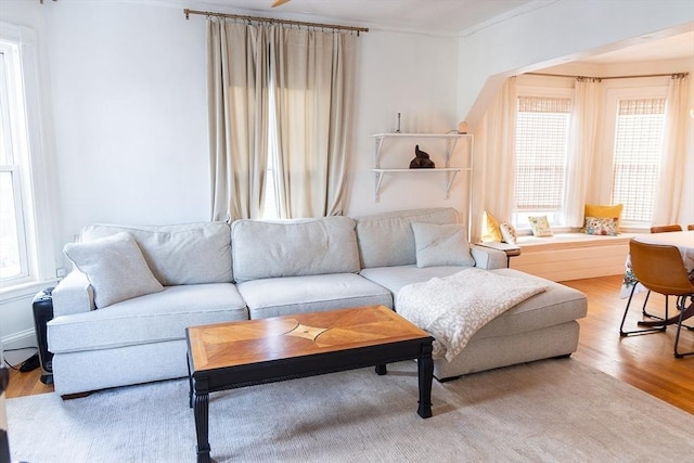 living room with light wood-type flooring and ornamental molding