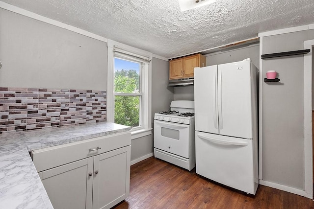 205-207 High St, Fitchburg, MA 01420 - kitchen with white appliances, under cabinet range hood, light countertops, dark wood-style flooring, and a textured ceiling